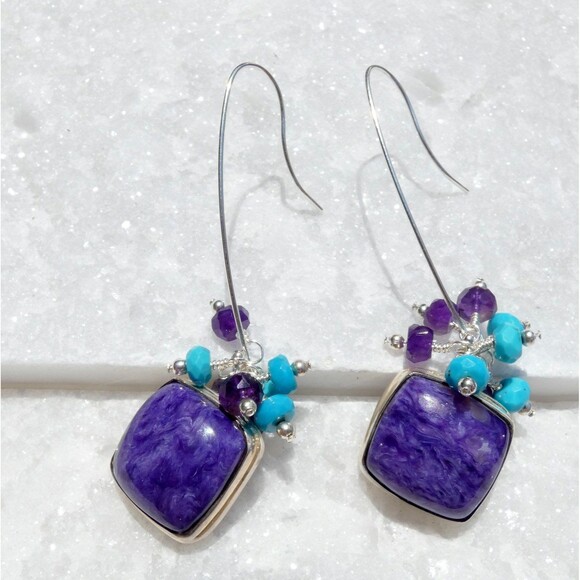 Purple Charoite - Amethyst - Turquoise Beaded Sterling Silver Earrings Handmade - Picture 5 of 6